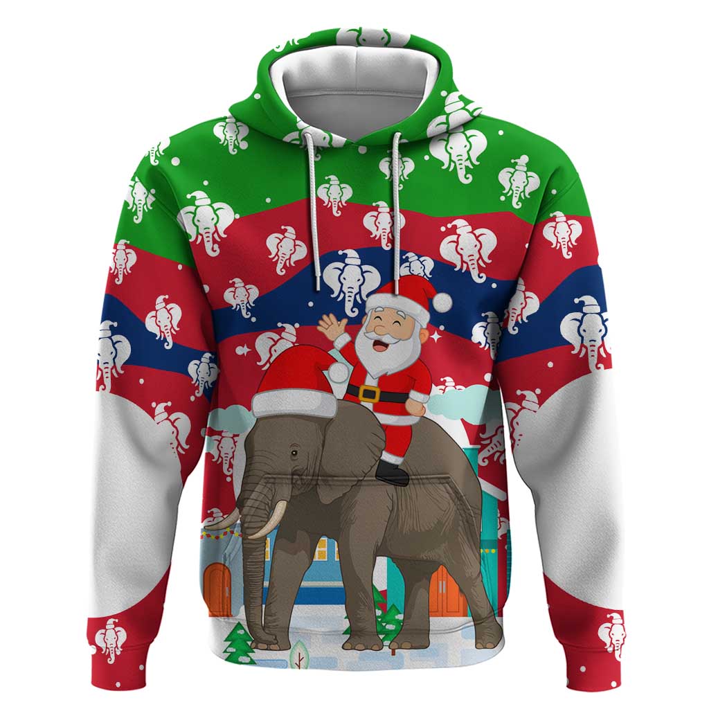 Laos Christmas Hoodie with Santa Riding Elephant and Festive Flag Pattern - Wonder Print Shop