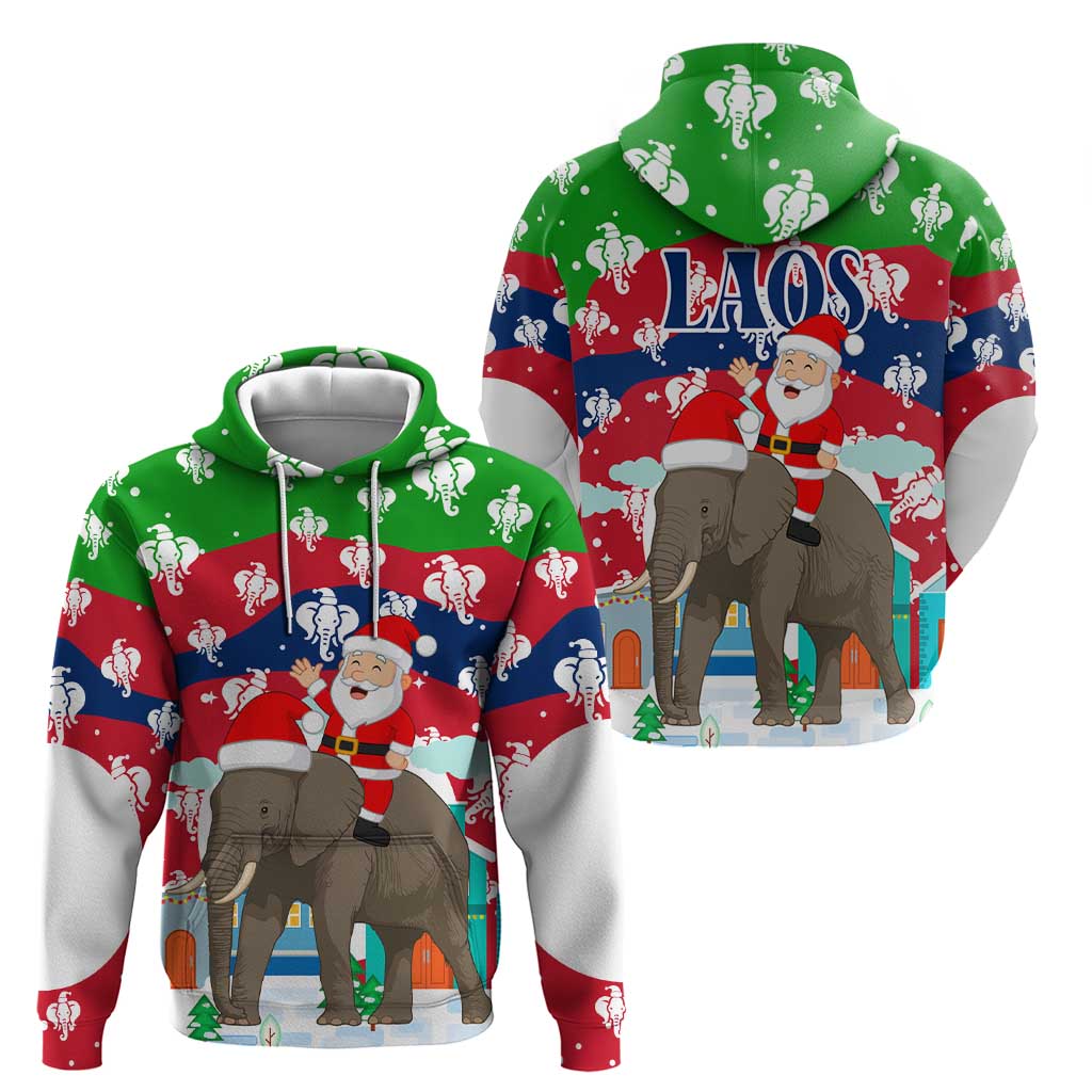 Laos Christmas Hoodie with Santa Riding Elephant and Festive Flag Pattern - Wonder Print Shop