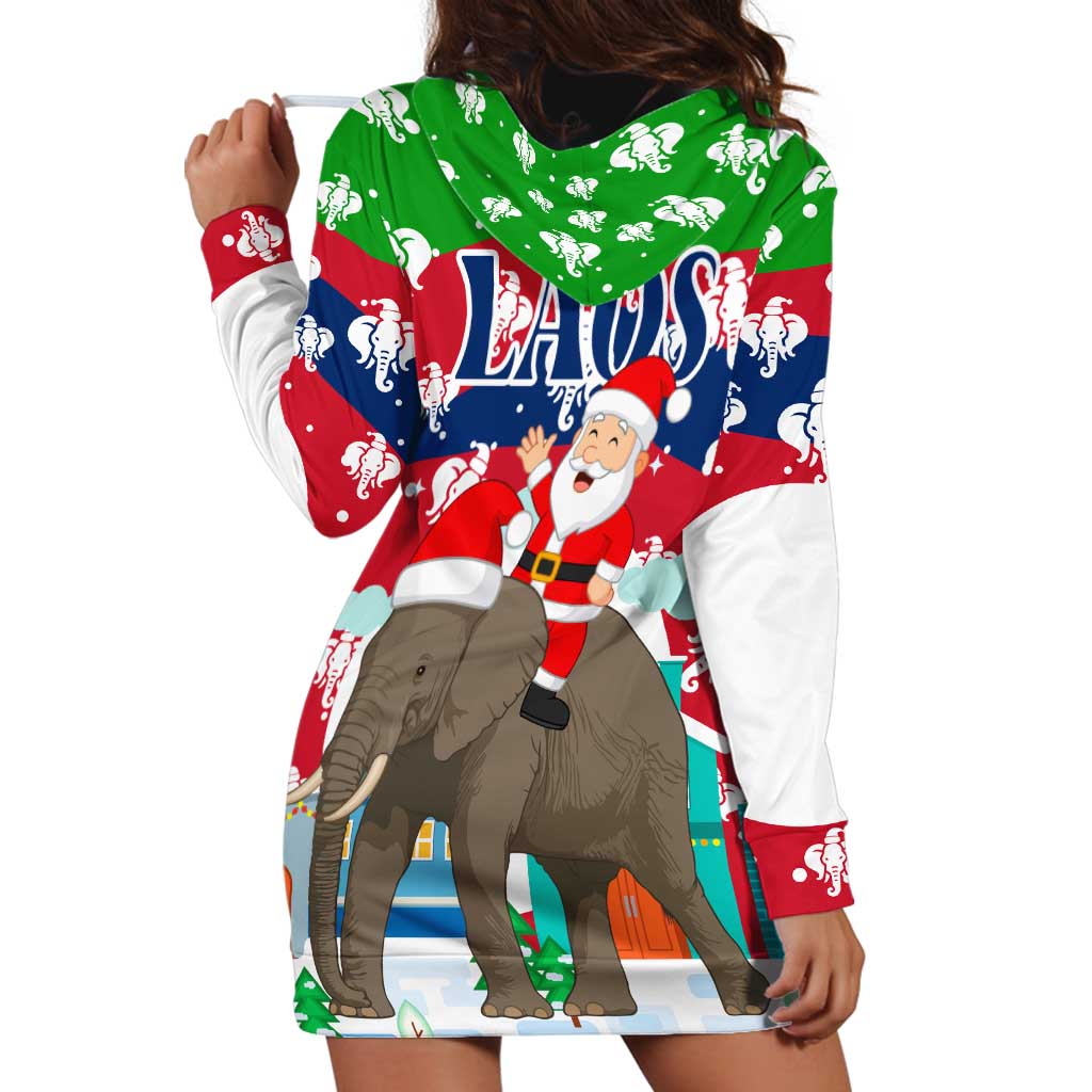 Laos Christmas Hoodie Dress with Santa Riding Elephant and Festive Flag Pattern - Wonder Print Shop