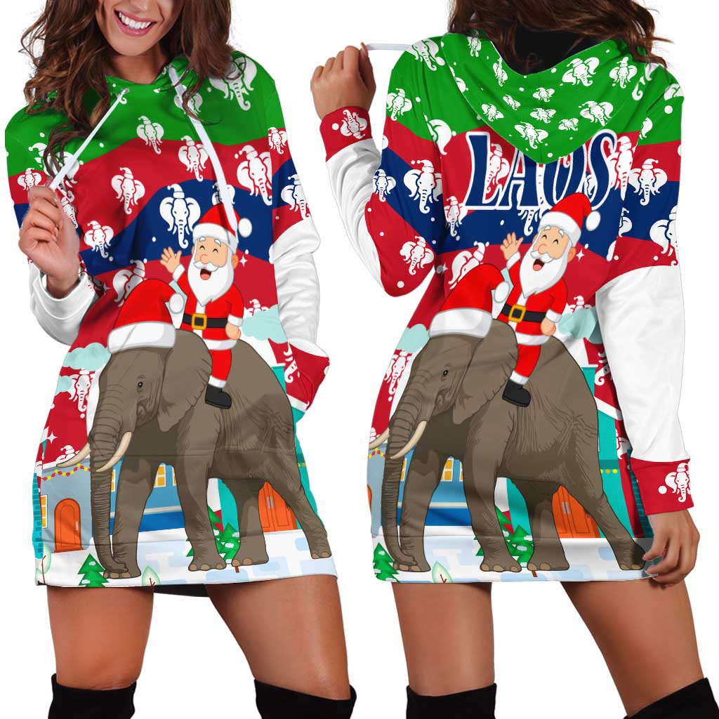 Laos Christmas Hoodie Dress with Santa Riding Elephant and Festive Flag Pattern - Wonder Print Shop