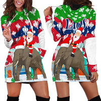 Laos Christmas Hoodie Dress with Santa Riding Elephant and Festive Flag Pattern - Wonder Print Shop