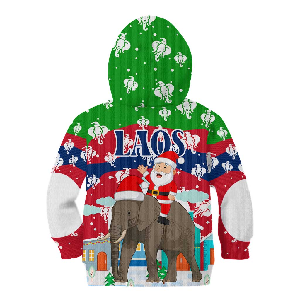 Laos Christmas Kid Hoodie with Santa Riding Elephant and Festive Flag Pattern - Wonder Print Shop