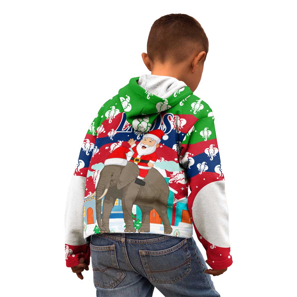 Laos Christmas Kid Hoodie with Santa Riding Elephant and Festive Flag Pattern - Wonder Print Shop