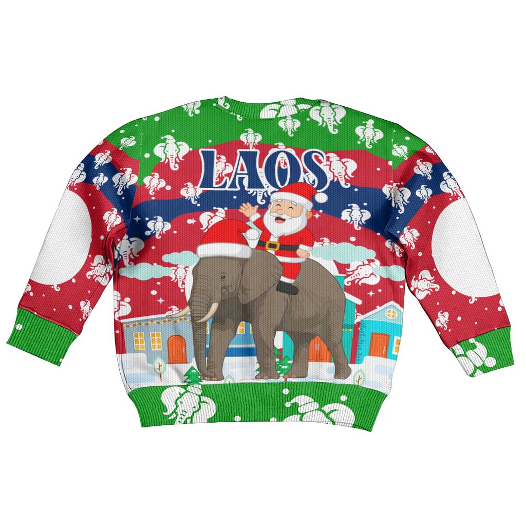 Laos Christmas Kid Ugly Christmas Sweater with Santa Riding Elephant and Festive Flag Pattern - Wonder Print Shop