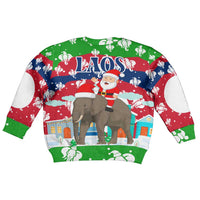 Laos Christmas Kid Ugly Christmas Sweater with Santa Riding Elephant and Festive Flag Pattern - Wonder Print Shop