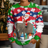 Laos Christmas Kid Ugly Christmas Sweater with Santa Riding Elephant and Festive Flag Pattern - Wonder Print Shop