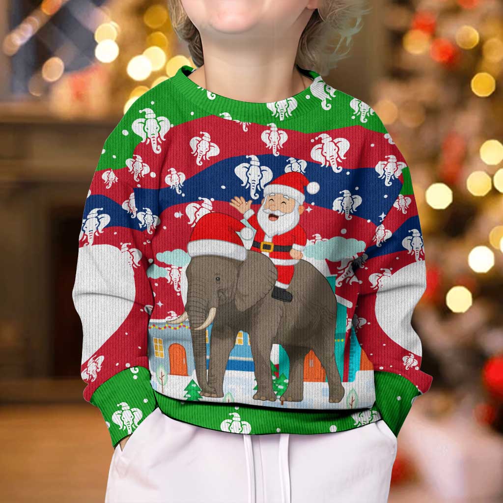 Laos Christmas Kid Ugly Christmas Sweater with Santa Riding Elephant and Festive Flag Pattern - Wonder Print Shop