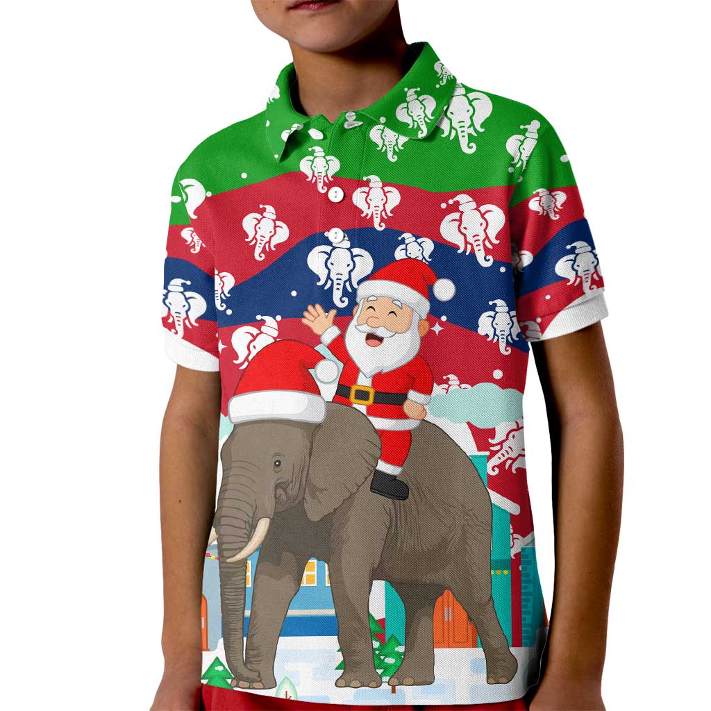 Laos Christmas Kid Polo Shirt with Santa Riding Elephant and Festive Flag Pattern - Wonder Print Shop