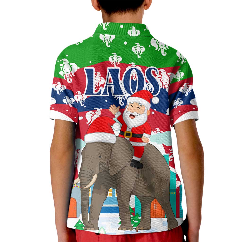 Laos Christmas Kid Polo Shirt with Santa Riding Elephant and Festive Flag Pattern - Wonder Print Shop