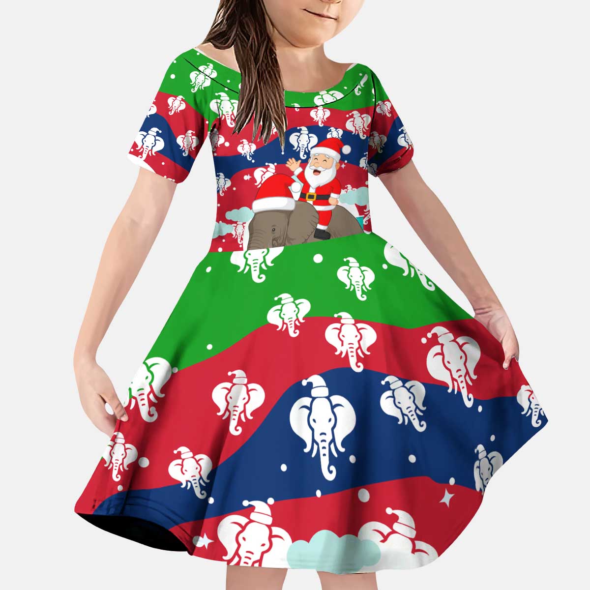 Laos Christmas Kid Short Sleeve Dress with Santa Riding Elephant and Festive Flag Pattern - Wonder Print Shop
