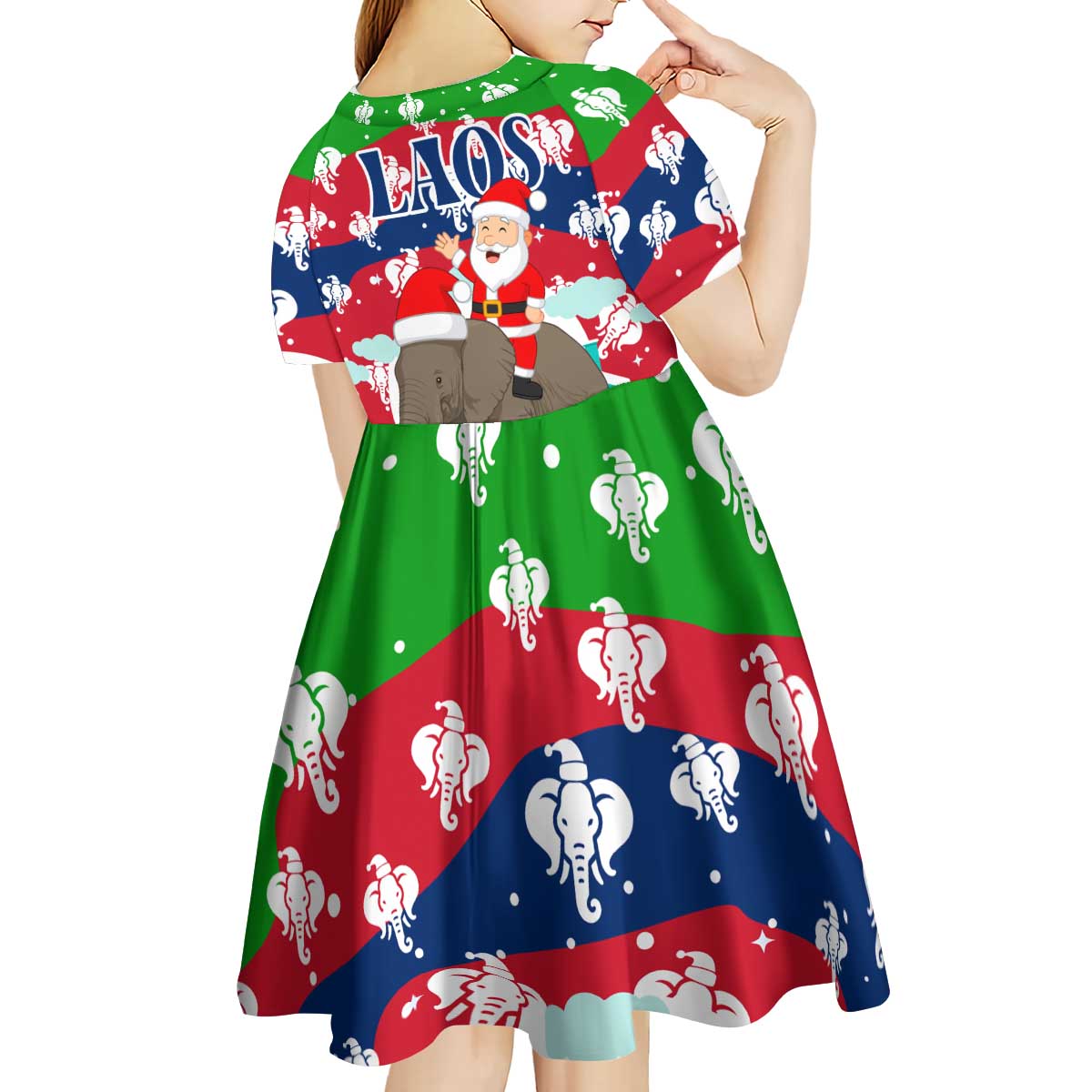 Laos Christmas Kid Short Sleeve Dress with Santa Riding Elephant and Festive Flag Pattern - Wonder Print Shop