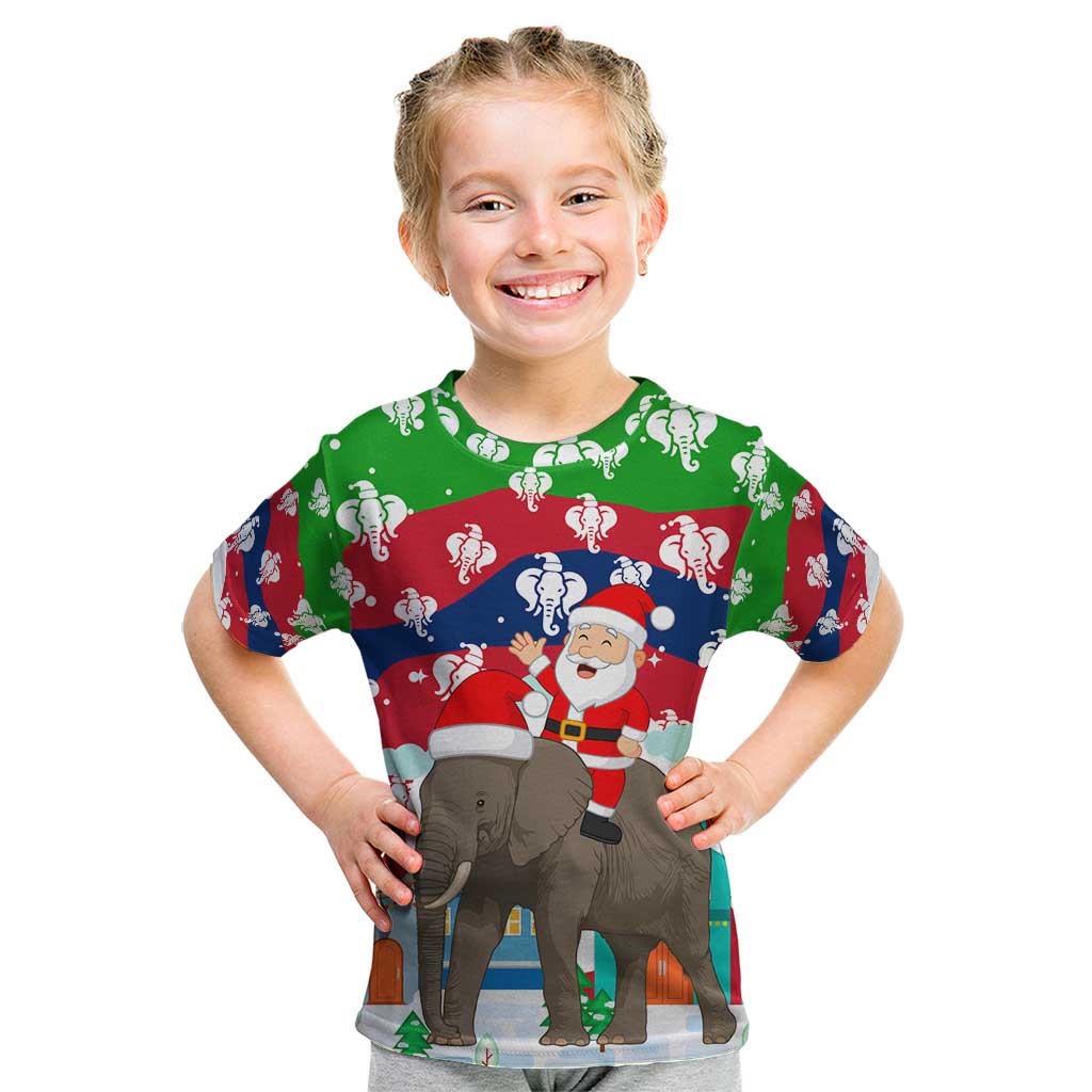 Laos Christmas Kid T Shirt with Santa Riding Elephant and Festive Flag Pattern - Wonder Print Shop
