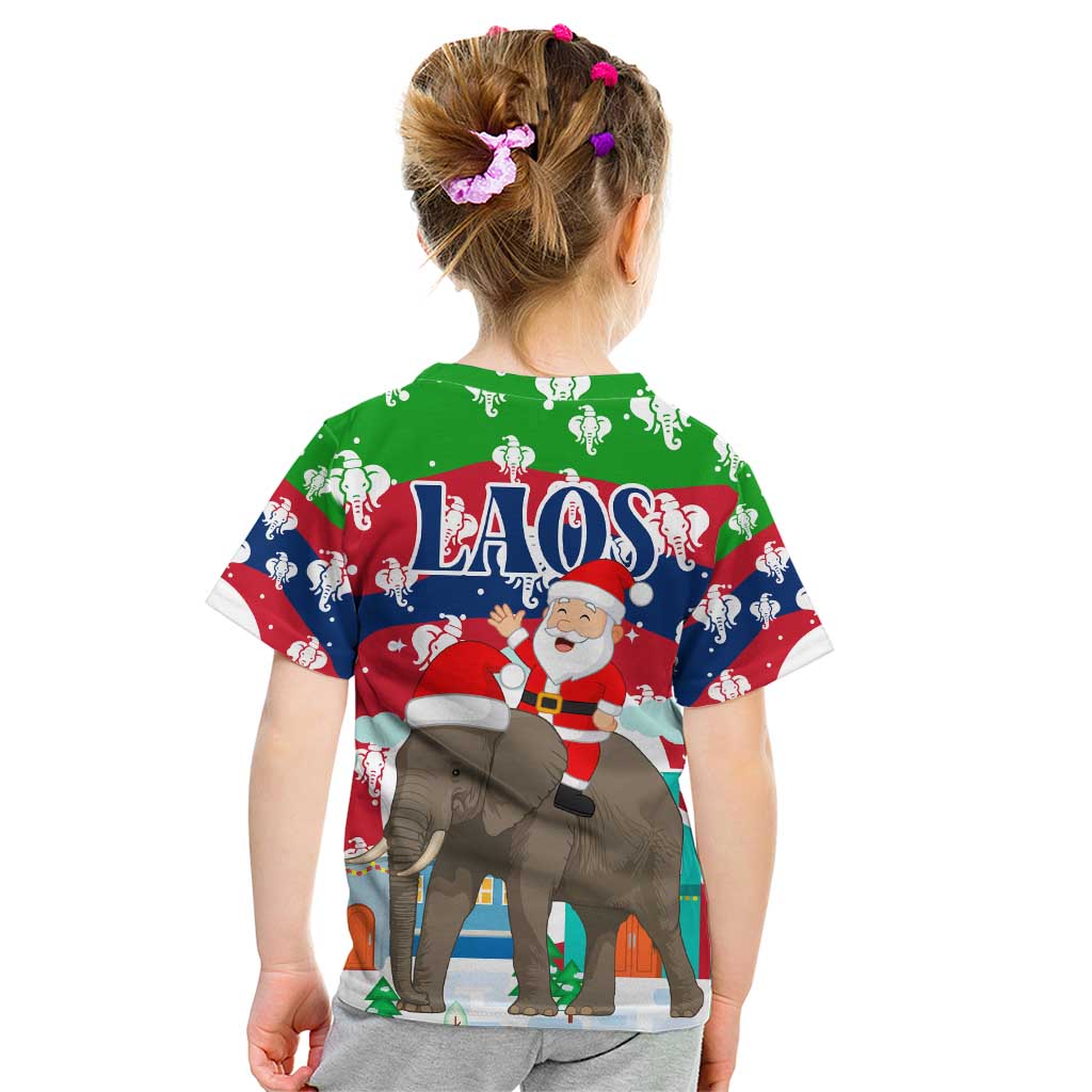 Laos Christmas Kid T Shirt with Santa Riding Elephant and Festive Flag Pattern - Wonder Print Shop