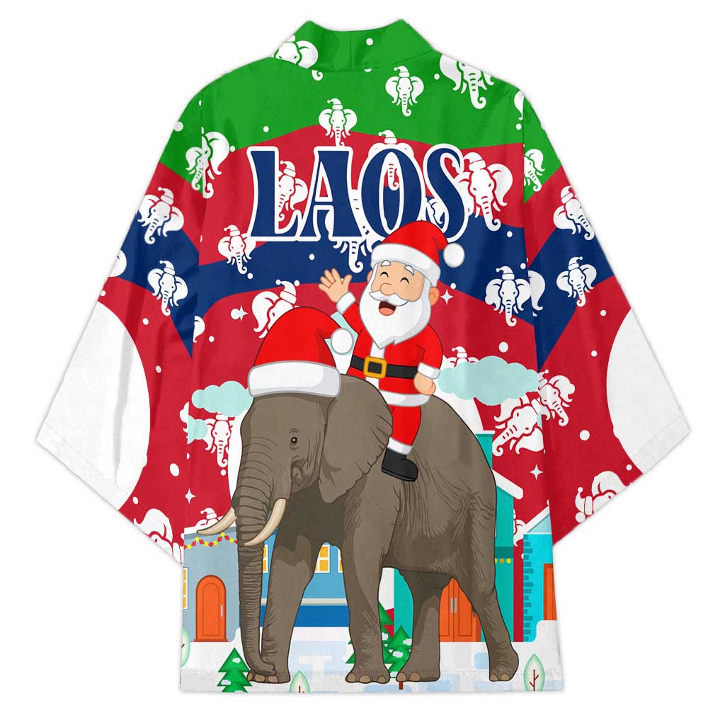 Laos Christmas Kimono with Santa Riding Elephant and Festive Flag Pattern - Wonder Print Shop
