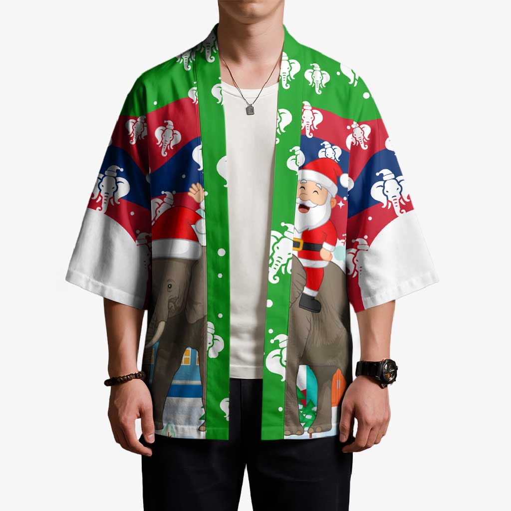 Laos Christmas Kimono with Santa Riding Elephant and Festive Flag Pattern - Wonder Print Shop