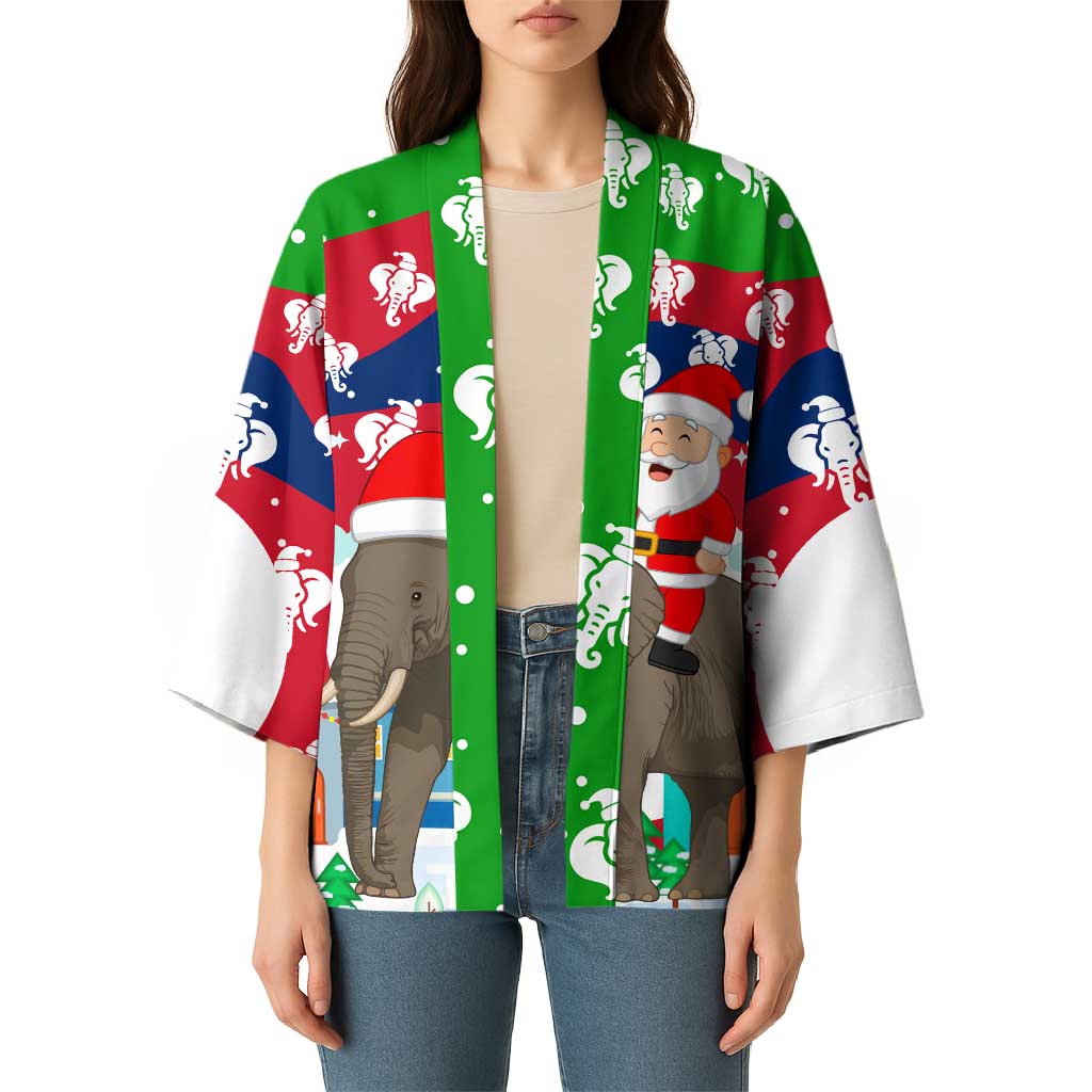 Laos Christmas Kimono with Santa Riding Elephant and Festive Flag Pattern - Wonder Print Shop