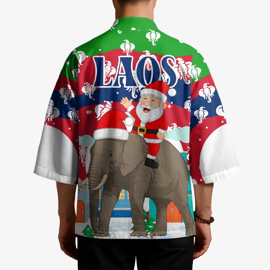 Laos Christmas Kimono with Santa Riding Elephant and Festive Flag Pattern - Wonder Print Shop