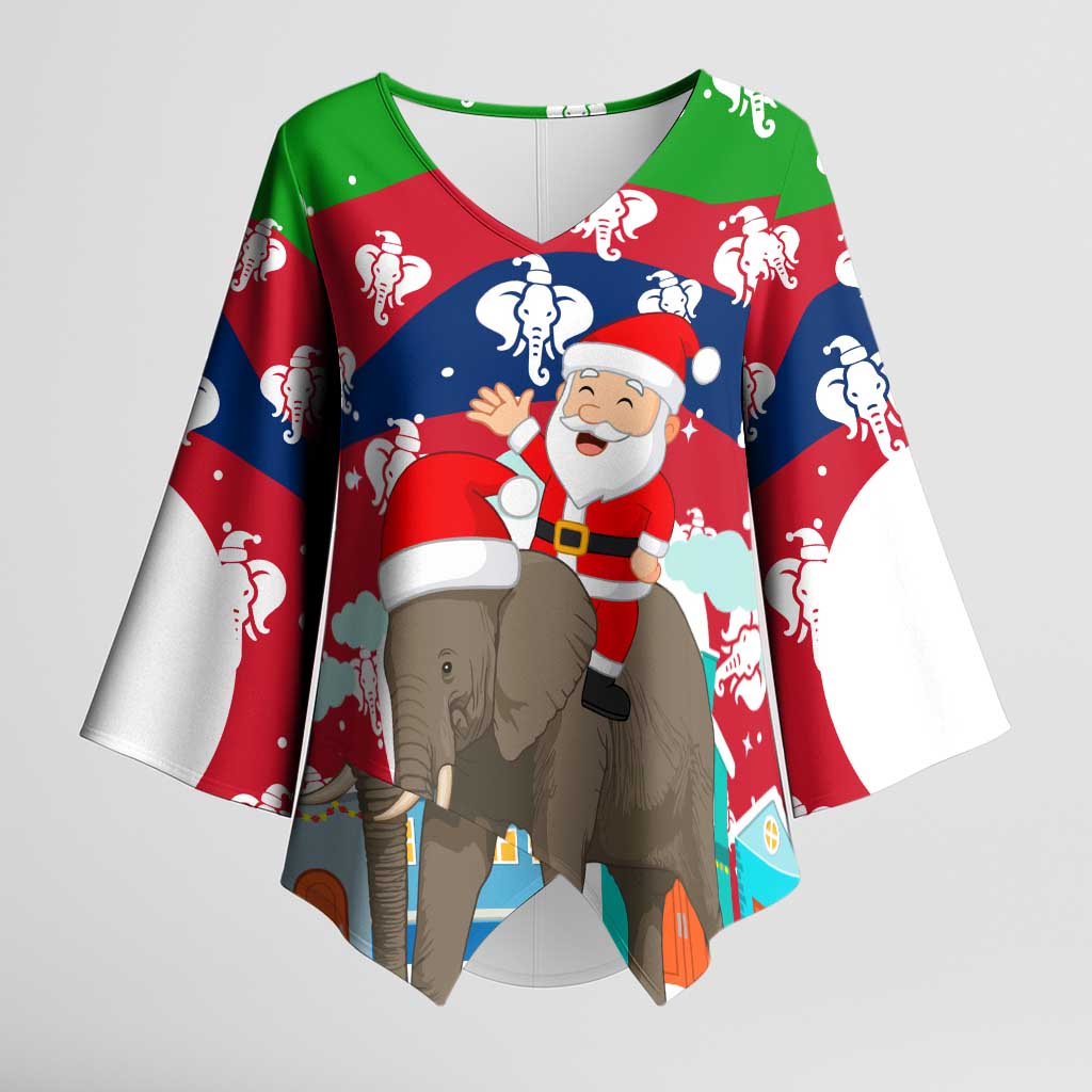 Laos Christmas Kimono Sleeve Blouse with Santa Riding Elephant and Festive Flag Pattern - Wonder Print Shop