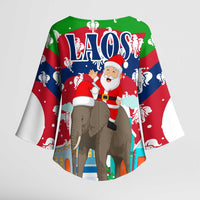 Laos Christmas Kimono Sleeve Blouse with Santa Riding Elephant and Festive Flag Pattern - Wonder Print Shop