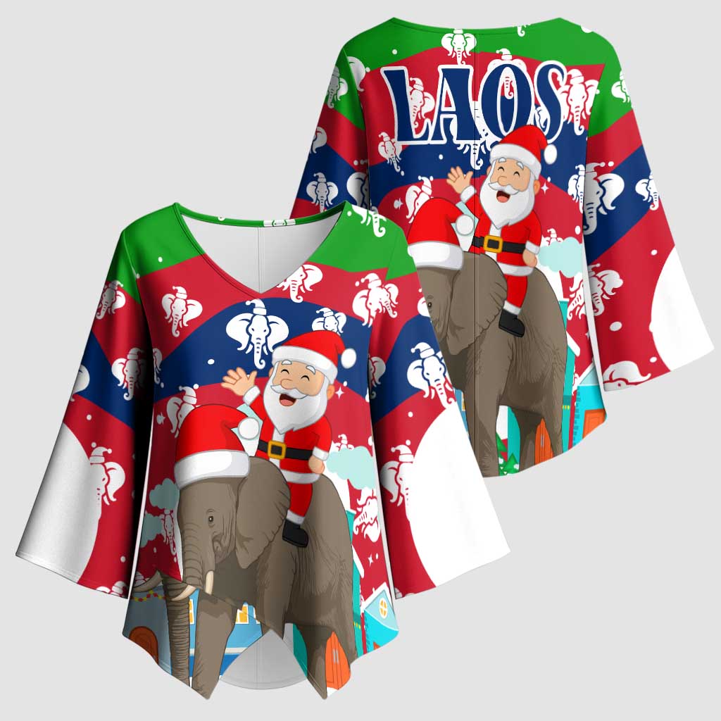 Laos Christmas Kimono Sleeve Blouse with Santa Riding Elephant and Festive Flag Pattern - Wonder Print Shop