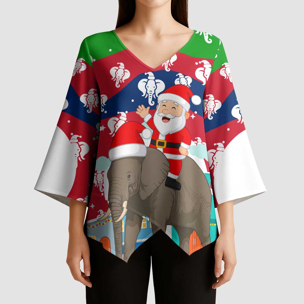 Laos Christmas Kimono Sleeve Blouse with Santa Riding Elephant and Festive Flag Pattern - Wonder Print Shop