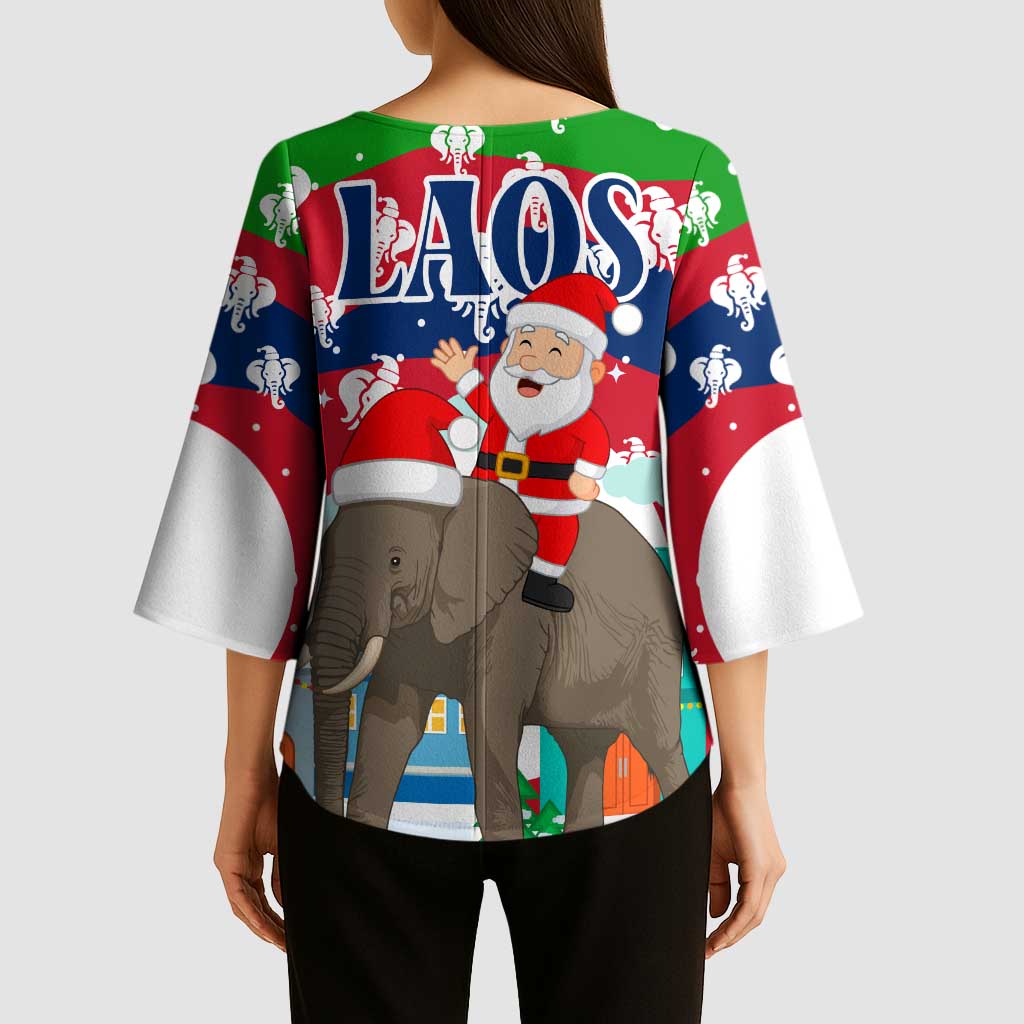 Laos Christmas Kimono Sleeve Blouse with Santa Riding Elephant and Festive Flag Pattern - Wonder Print Shop