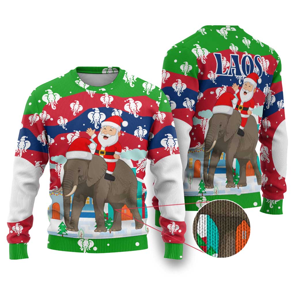 Laos Christmas Ugly Christmas Sweater with Santa Riding Elephant and Festive Flag Pattern - Wonder Print Shop