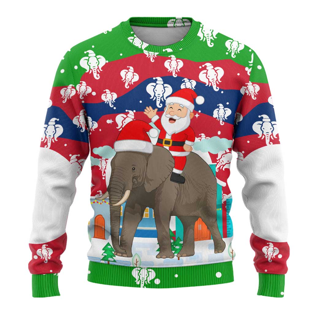 Laos Christmas Ugly Christmas Sweater with Santa Riding Elephant and Festive Flag Pattern - Wonder Print Shop