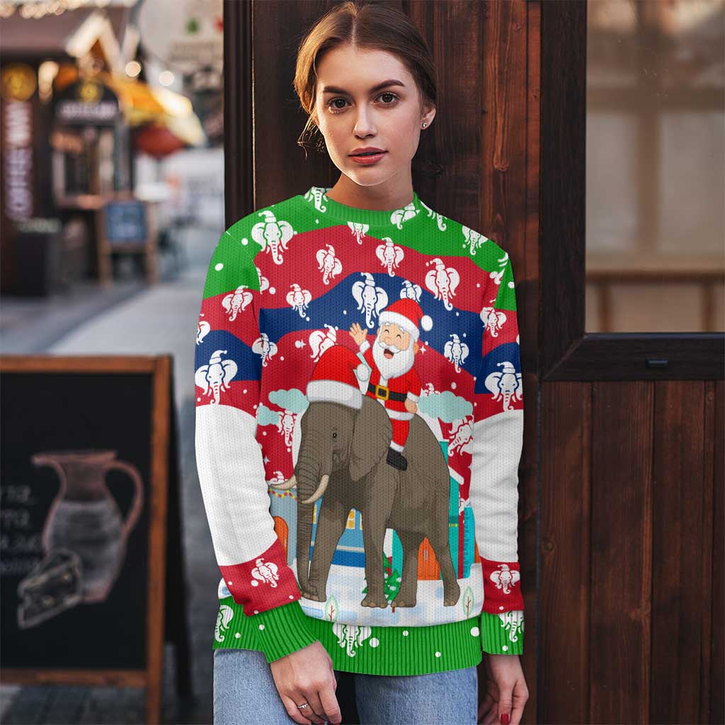 Laos Christmas Ugly Christmas Sweater with Santa Riding Elephant and Festive Flag Pattern - Wonder Print Shop
