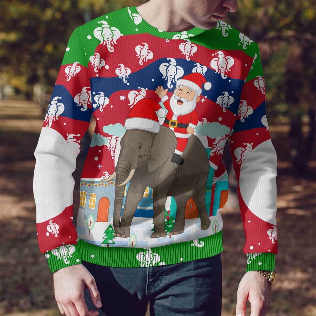 Laos Christmas Ugly Christmas Sweater with Santa Riding Elephant and Festive Flag Pattern - Wonder Print Shop