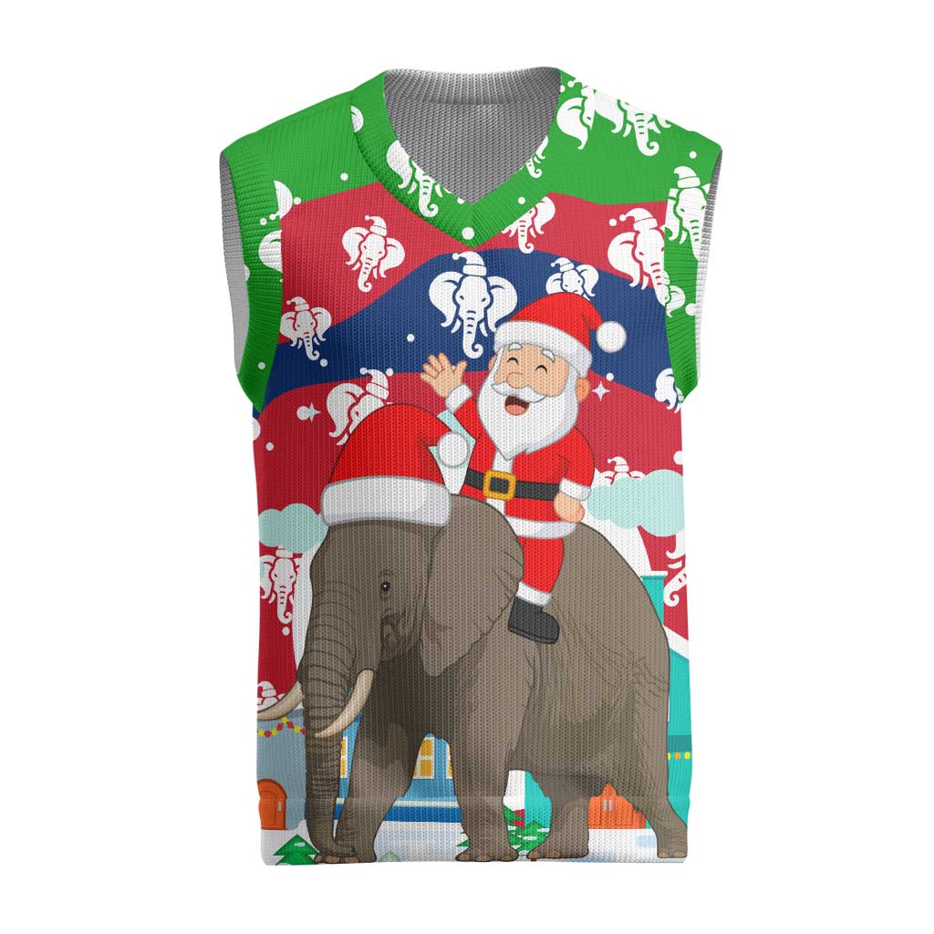 Laos Christmas Knitted V-Neck Vest with Santa Riding Elephant and Festive Flag Pattern - Wonder Print Shop