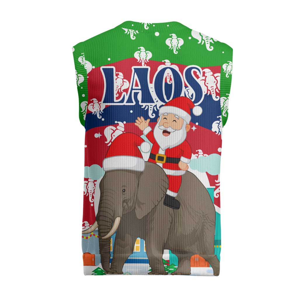 Laos Christmas Knitted V-Neck Vest with Santa Riding Elephant and Festive Flag Pattern - Wonder Print Shop