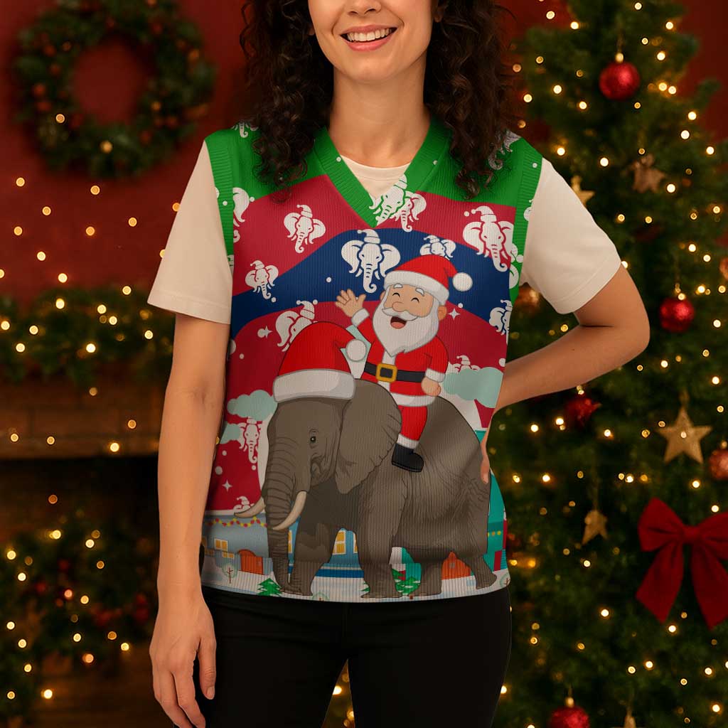 Laos Christmas Knitted V-Neck Vest with Santa Riding Elephant and Festive Flag Pattern - Wonder Print Shop