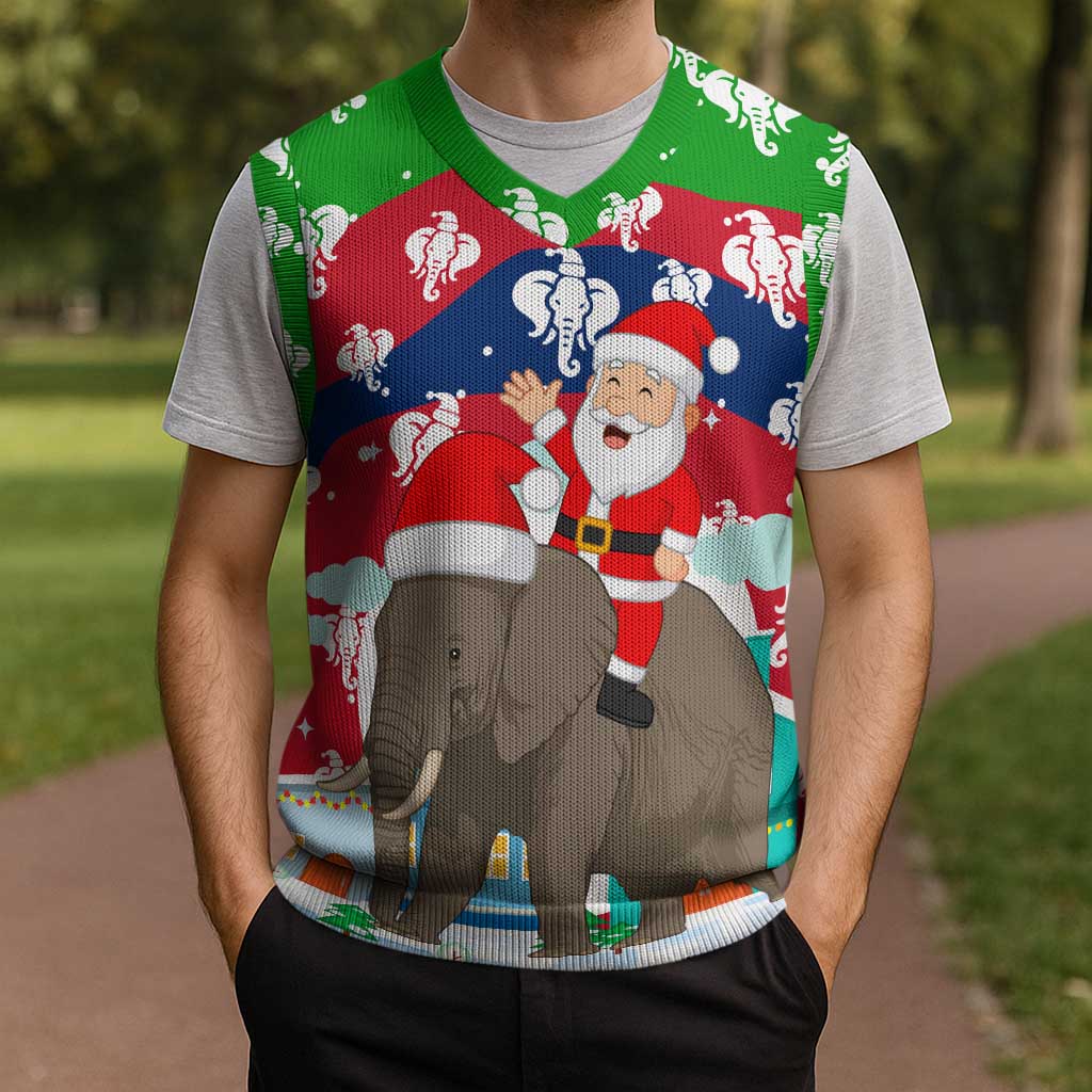Laos Christmas Knitted V-Neck Vest with Santa Riding Elephant and Festive Flag Pattern - Wonder Print Shop