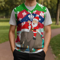 Laos Christmas Knitted V-Neck Vest with Santa Riding Elephant and Festive Flag Pattern - Wonder Print Shop