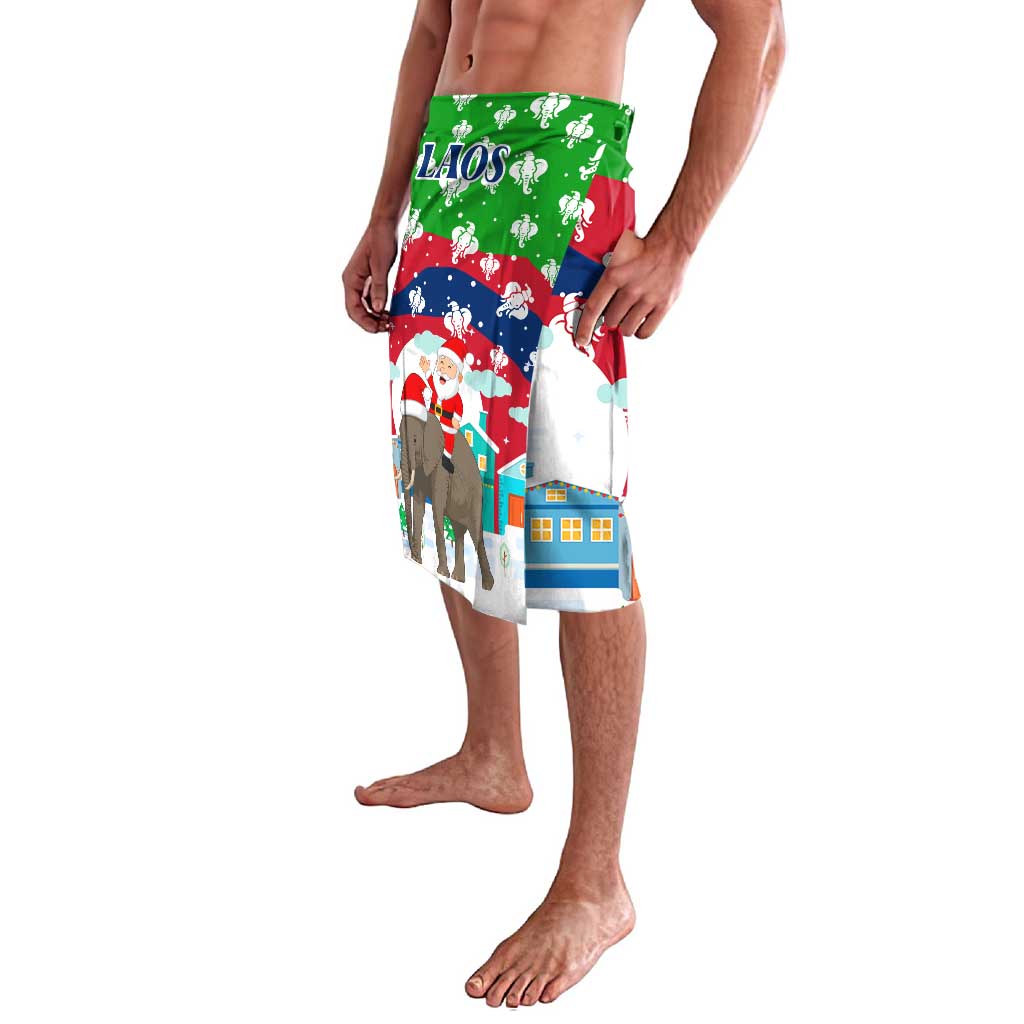 Laos Christmas Lavalava with Santa Riding Elephant and Festive Flag Pattern - Wonder Print Shop