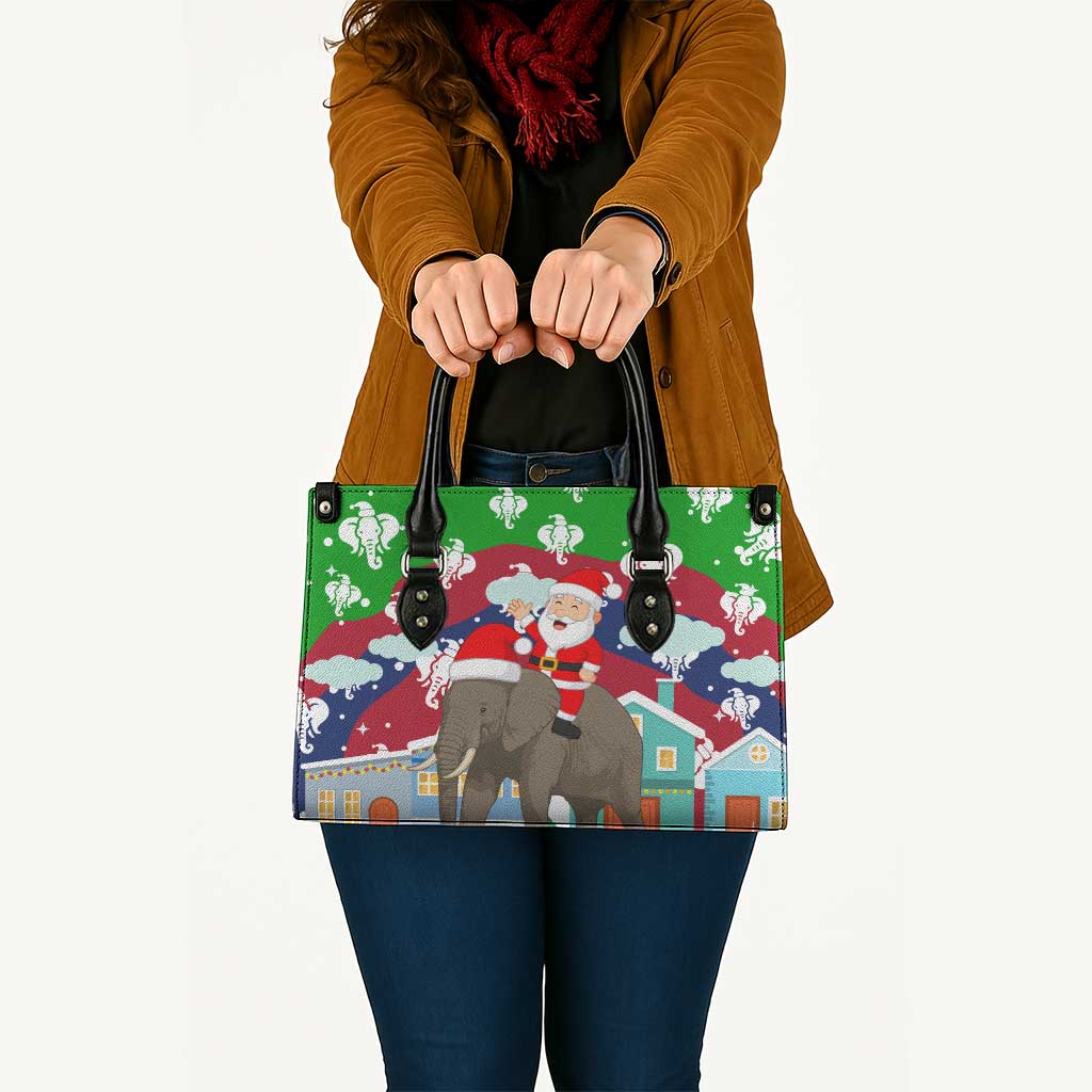 Laos Christmas Leather Bag with Santa Riding Elephant and Festive Flag Pattern - Wonder Print Shop