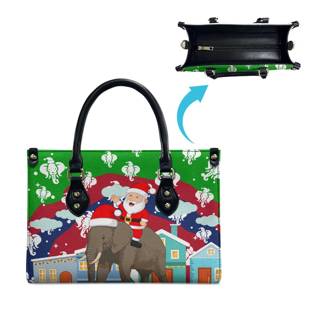 Laos Christmas Leather Bag with Santa Riding Elephant and Festive Flag Pattern - Wonder Print Shop