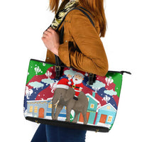 Laos Christmas Leather Tote Bag with Santa Riding Elephant and Festive Flag Pattern - Wonder Print Shop