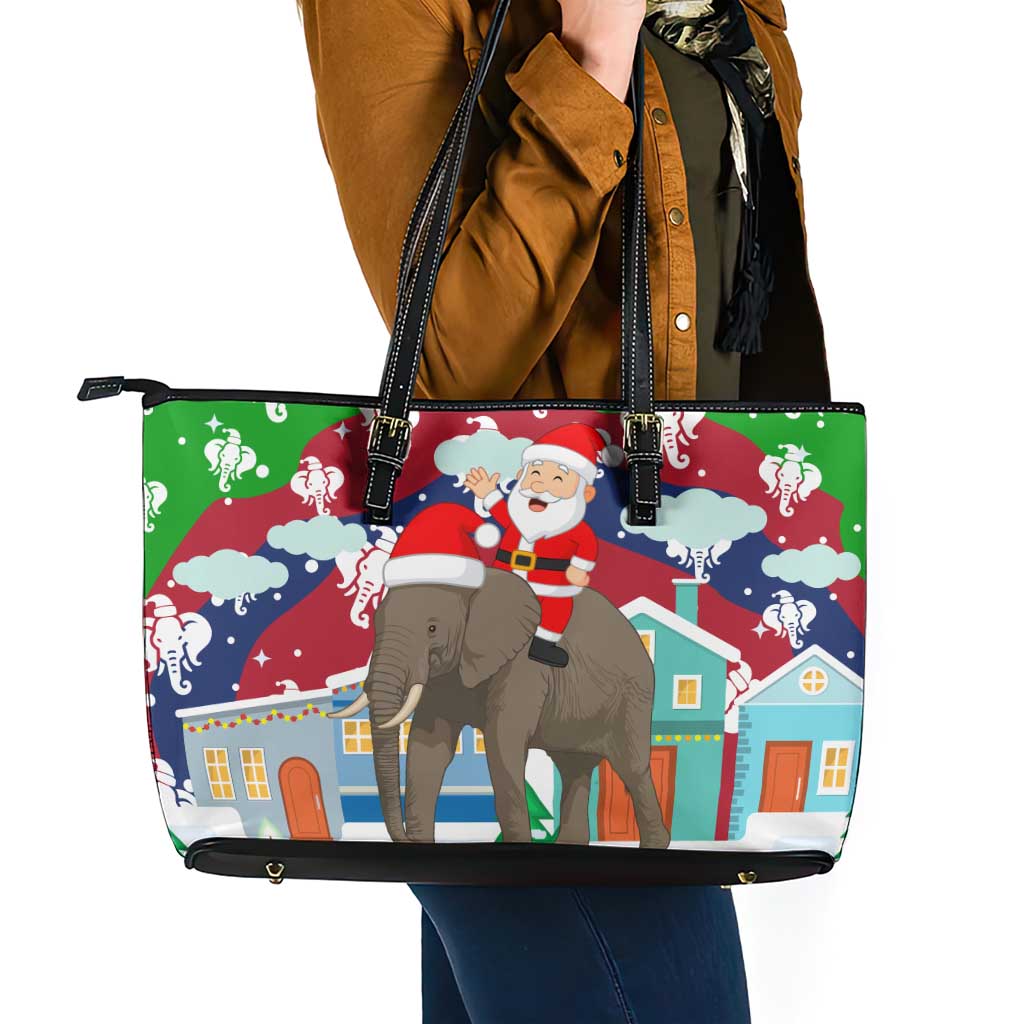 Laos Christmas Leather Tote Bag with Santa Riding Elephant and Festive Flag Pattern - Wonder Print Shop