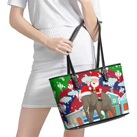 Laos Christmas Leather Tote Bag with Santa Riding Elephant and Festive Flag Pattern - Wonder Print Shop