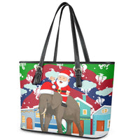 Laos Christmas Leather Tote Bag with Santa Riding Elephant and Festive Flag Pattern - Wonder Print Shop