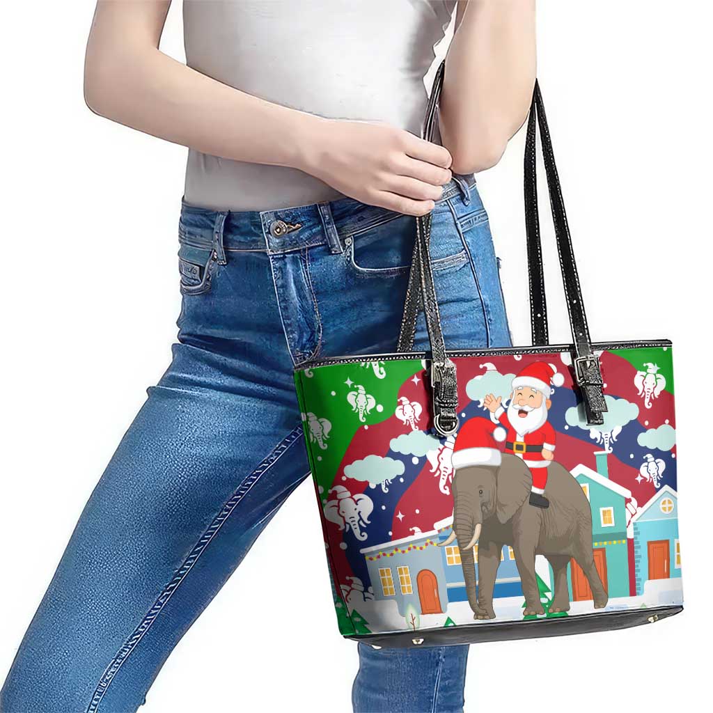 Laos Christmas Leather Tote Bag with Santa Riding Elephant and Festive Flag Pattern - Wonder Print Shop