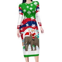 Laos Christmas Long Sleeve Bodycon Dress with Santa Riding Elephant and Festive Flag Pattern - Wonder Print Shop