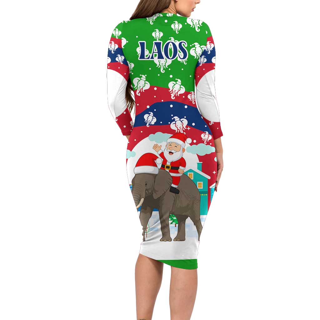 Laos Christmas Long Sleeve Bodycon Dress with Santa Riding Elephant and Festive Flag Pattern - Wonder Print Shop