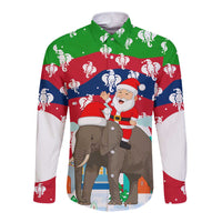 Laos Christmas Long Sleeve Button Shirt with Santa Riding Elephant and Festive Flag Pattern - Wonder Print Shop