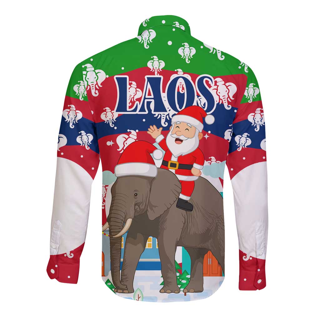 Laos Christmas Long Sleeve Button Shirt with Santa Riding Elephant and Festive Flag Pattern - Wonder Print Shop