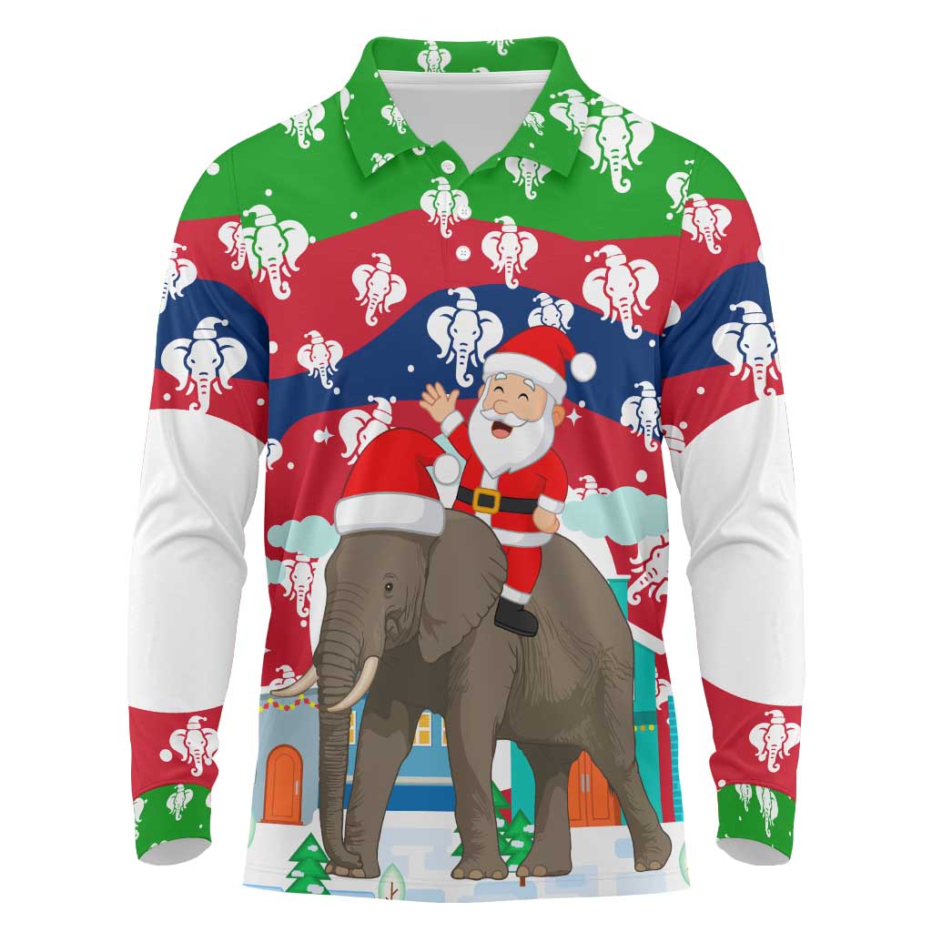 Laos Christmas Long Sleeve Polo Shirt with Santa Riding Elephant and Festive Flag Pattern - Wonder Print Shop