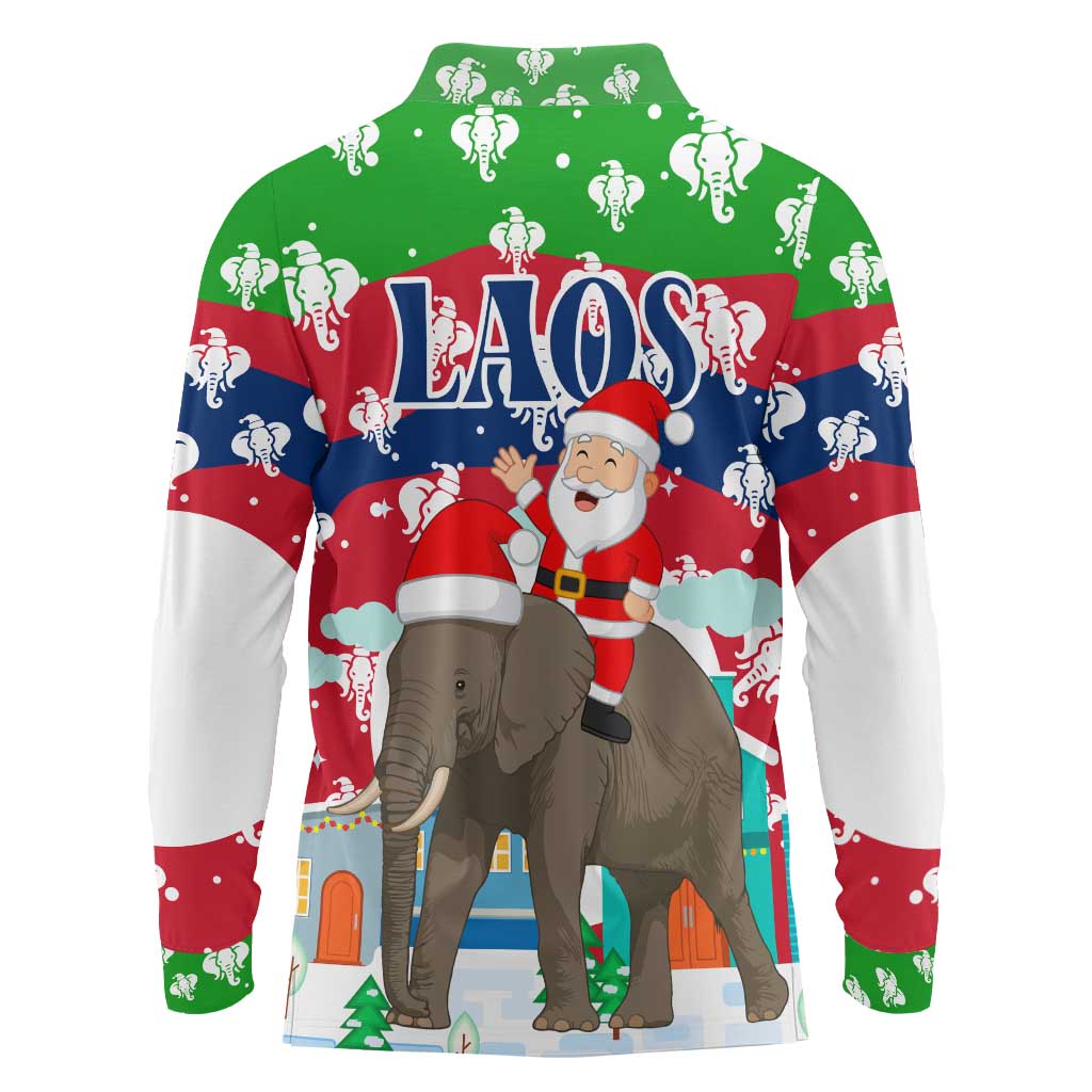 Laos Christmas Long Sleeve Polo Shirt with Santa Riding Elephant and Festive Flag Pattern - Wonder Print Shop