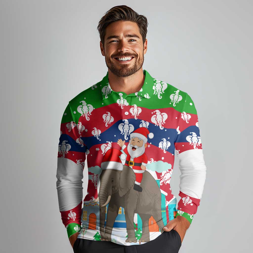 Laos Christmas Long Sleeve Polo Shirt with Santa Riding Elephant and Festive Flag Pattern - Wonder Print Shop